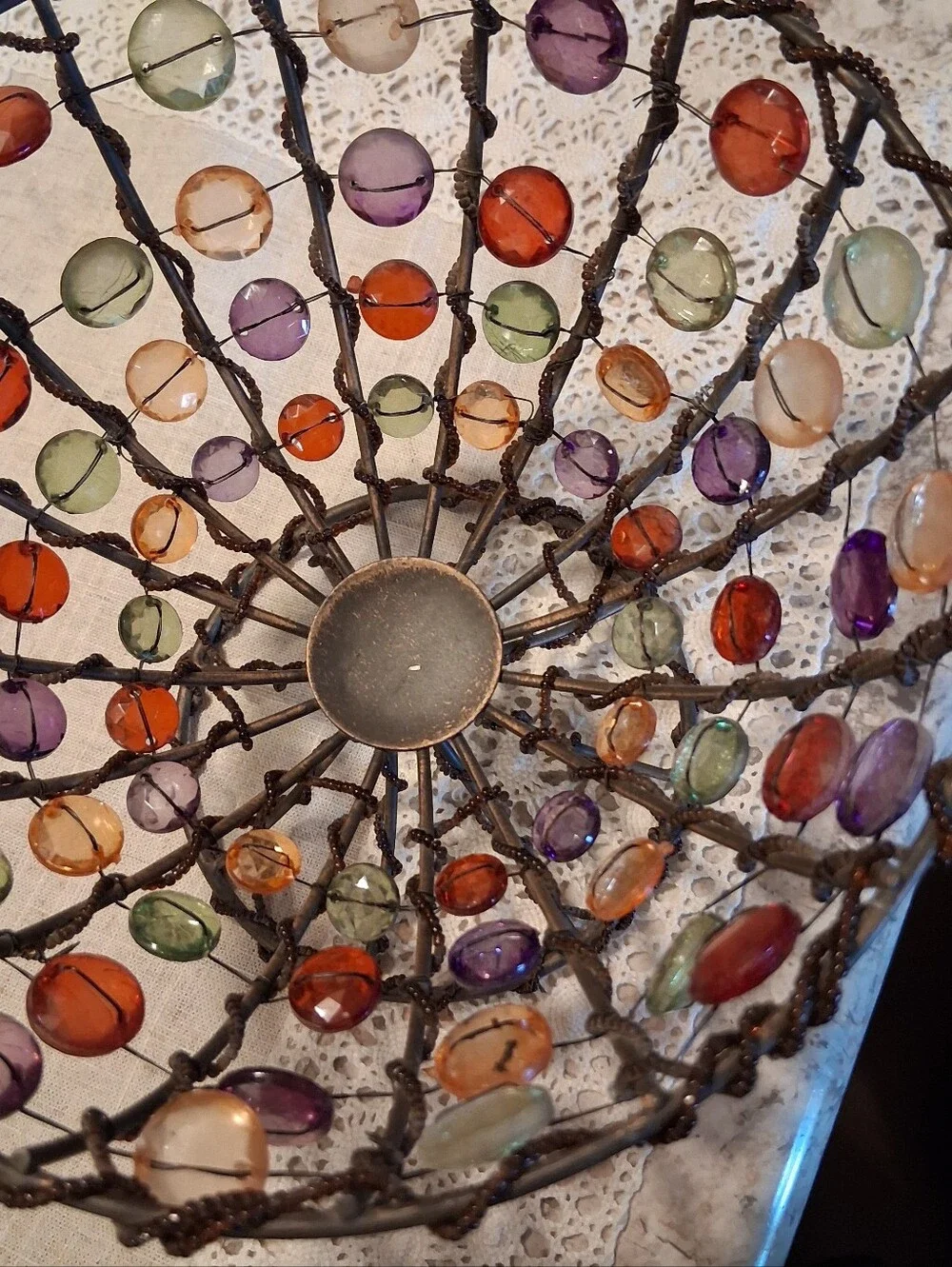 Vintage Beaded Wire & Metal Footed Bowl Basket Handmade Pop Art Retro Decor 8